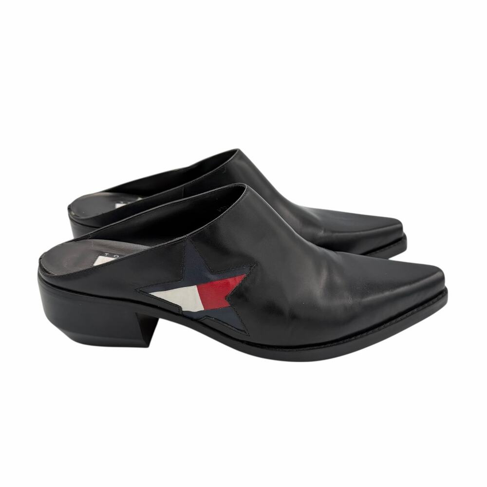 Vintage Tommy Hilfiger Black Leather Star Logo Snip Toe Western Slide Mules